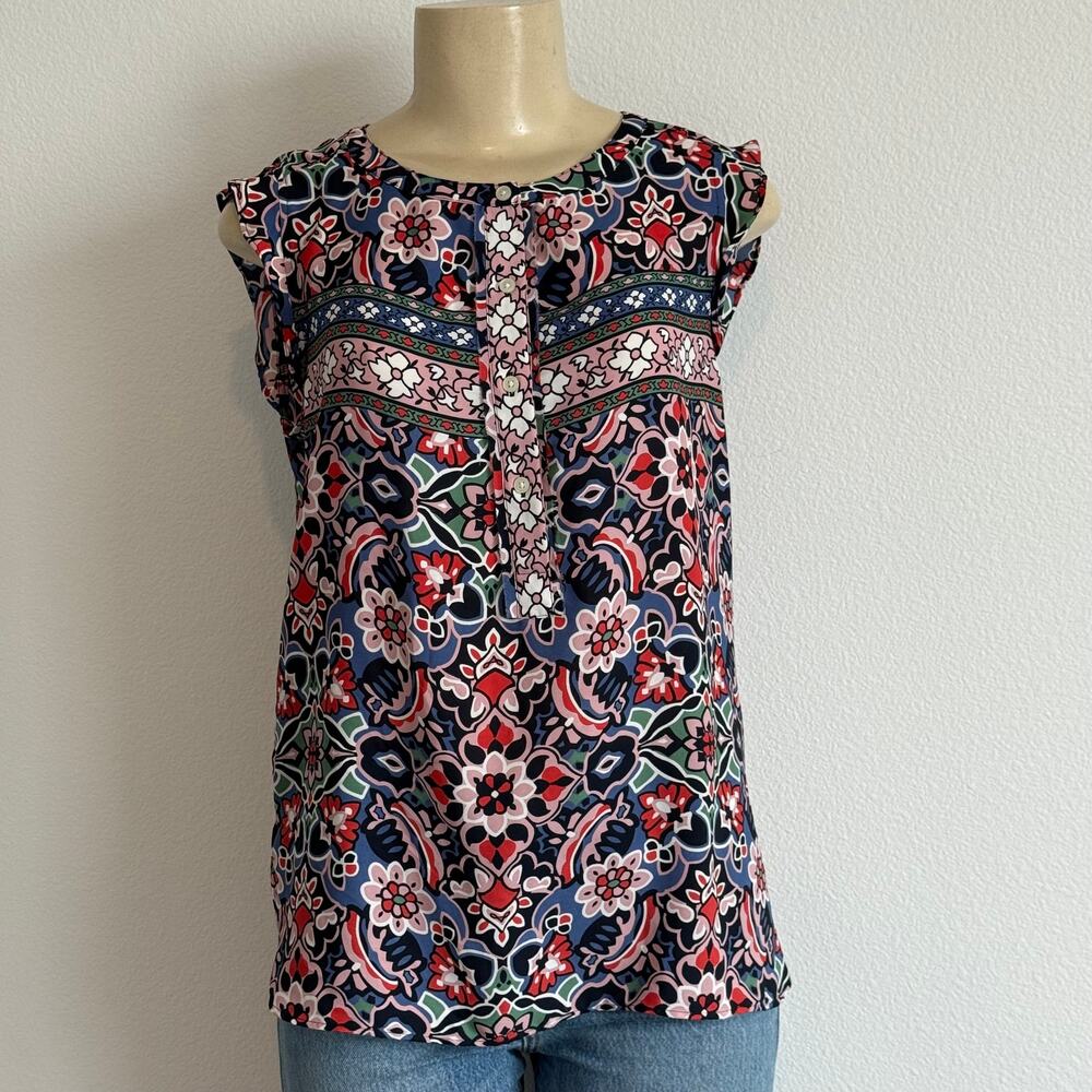 LOFT Coastal Grandmother Floral Ruffle Blouse Cottagecore Boho Sleeveless Top S
